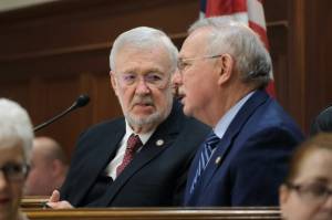 Alaska Senate President Gary Stevens, a Kodiak Republican, left, talks with House Speaker Bryce Edgmon, a Dillingham independent, before Republican Gov. Mike Dunleavys State of the State speech on Tuesday, Jan. 28, 2025, at the Alaska State Capitol. (Klas Stolpe/Juneau Empire)