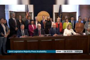 The joint House and Senate majorities of the Alaska Legislature hold a press availability after the adjournment of the Legislatures special session in Juneau, Alaska, on Saturday, Aug. 2, 2025. (Screenshot courtesy Gavel Alaska/KTOO)