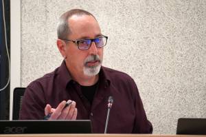 President Zen Kelly speaks during a meeting of the Kenai Peninsula Borough School District Board of Education in Soldotna, Alaska, on Monday, July 7, 2025. (Jake Dye/Peninsula Clarion)