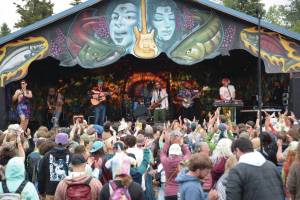 Salmonfest-goers crowd in front of the Ocean Stage during Blackwater Railroads performance on Saturday, Aug. 2, at the Kenai Peninsula Fairgrounds in Ninilchik. (Delcenia Cosman/Homer News)
