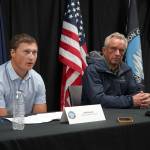 Jakob Kooly, vice chair of the Kenaitze Indian Tribes tribal council, and Robert F. Kennedy Jr., U.S. secretary of health and human services, speak during a press conference at the Denaina Wellness Center in Kenai, Alaska, on Thursday, Aug. 7, 2025. (Jake Dye/Peninsula Clarion)