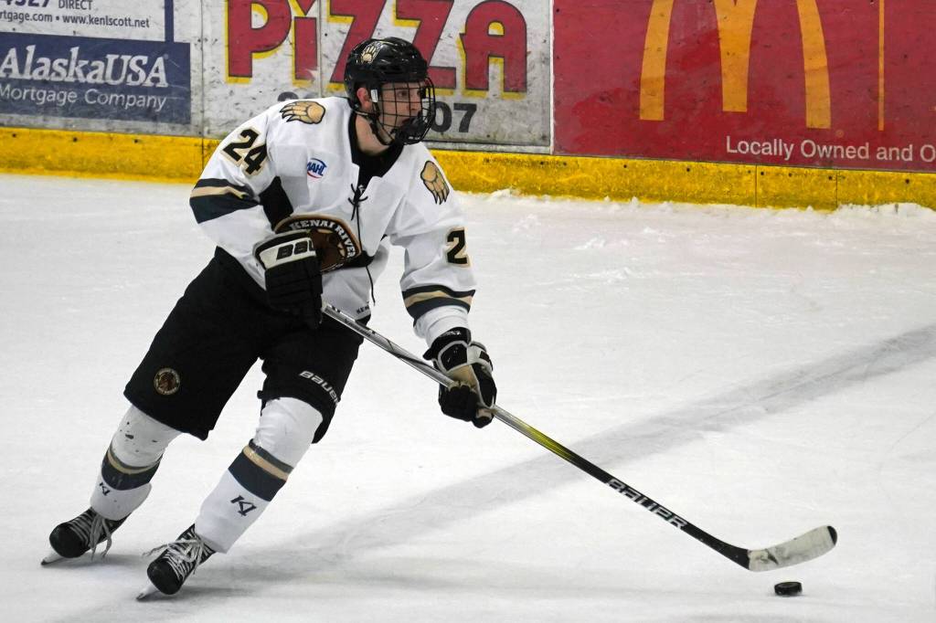 Kenai River's Luke Hause moves with the puck during a hockey game at the Soldotna Regional Sports Complex in Soldotna, Alaska, on Friday, Feb. 16, 2024. (Jake Dye/Peninsula Clarion)
