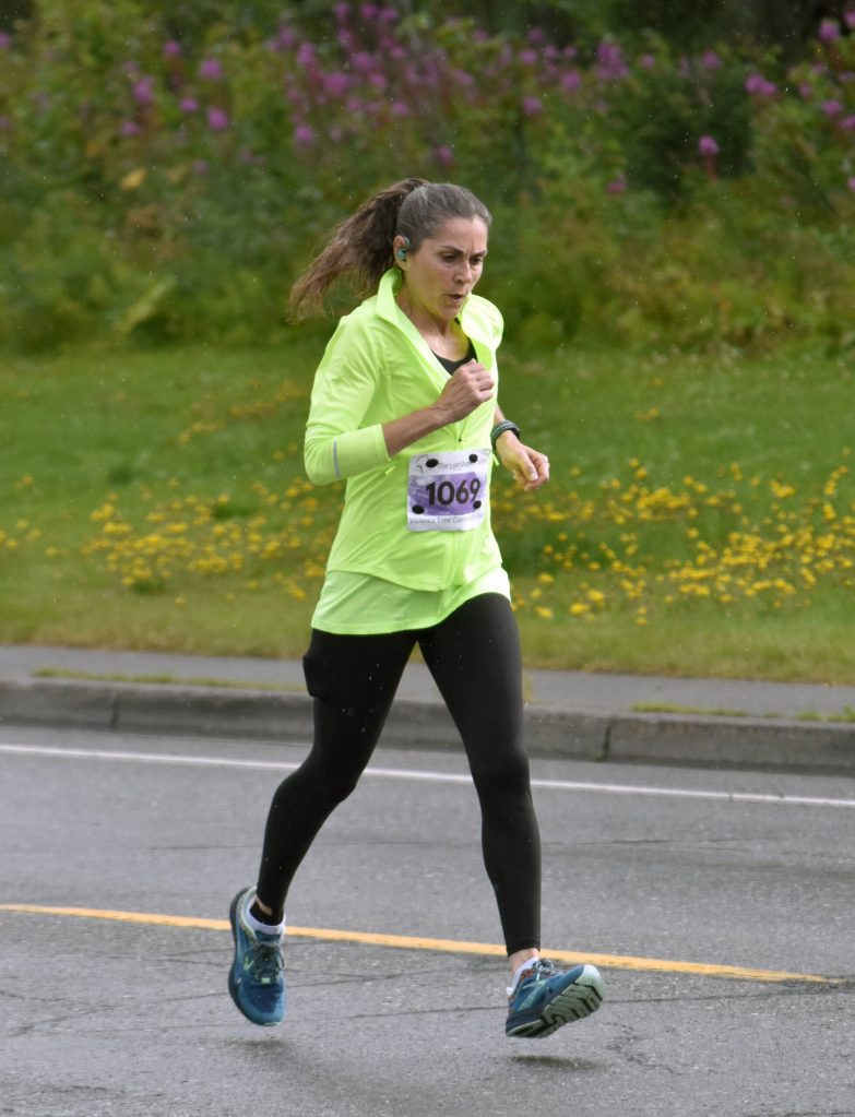 Kasilofs Misti Vignola runs to victory in the womens 10-kilometer race at the 36th annual Violence Free Community Run on Saturday, Aug. 9, 2025, in Kenai, Alaska. (Photo by Jeff Helminiak/Peninsula Clarion)