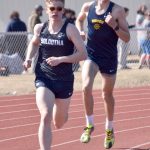Soldotnas Elijah Jedlicki won the 1,600-meter run, with Homers Johannes Bynagle finishing second, Saturday, April 27, 2024, at the Kenai Invitational at Kenai Central High School in Kenai, Alaska. (Photo by Jeff Helminiak/Peninsula Clarion)