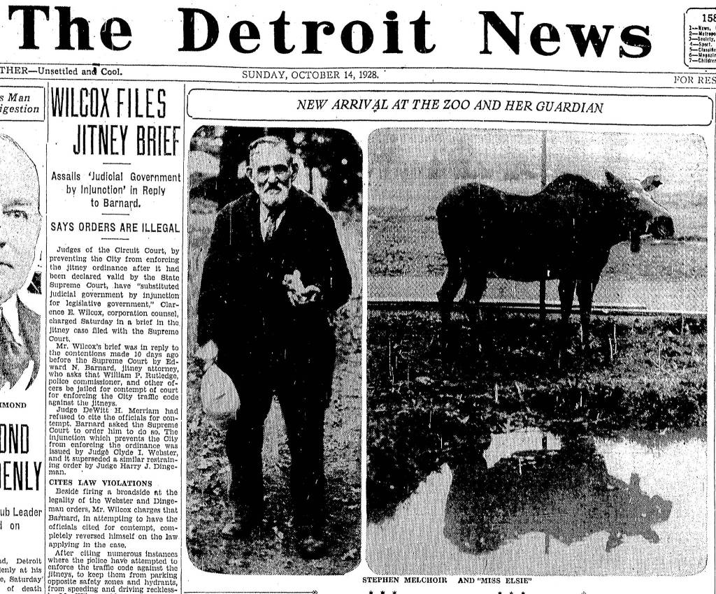 The front page of the Detroit News on Oct. 14, 1928, featured photos of Steve Melchior and his pet moose Elsie. Melchior had traveled with Elsie from Seward to Detroit by steamship and railroad.