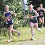 Soldotnas Tania Boonstra leads Sewards Indigo Leslie and Soldotnas Katie DeBardelaben on the way to victory in the junior-senior girls race at the Kenai/Nikiski Class Races on Monday, Aug. 18, 2025, at Nikiski Middle-High School in Nikiski, Alaska. (Photo by Jeff Helminiak/Peninsula Clarion)