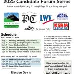 A flier for the 2025 Candidate Forum series presented by KDLL and the Peninsula Clarion describes a series of forums held at local libraries with candidates for each office. (Ashlyn OHara/KDLL)