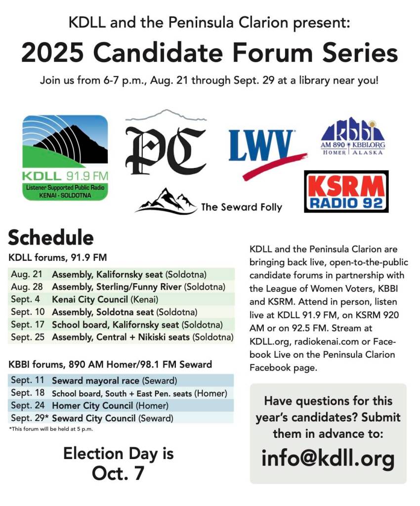 A flier for the 2025 Candidate Forum series presented by KDLL and the Peninsula Clarion describes a series of forums held at local libraries with candidates for each office. (Ashlyn OHara/KDLL)