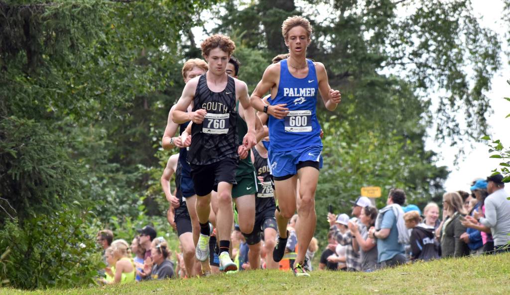 Palmers Bodie Miller runs to fourth place at the Ted McKenney XC Invitational on Saturday, Aug. 23, 2025, at Tsalteshi Trails just outside of Soldotna, Alaska. (Photo by Jeff Helminiak/Peninsula Clarion)
