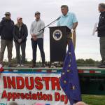 John Hendrix, of Furie Operating Alaska/HEX Cook Inlet, speaks after receiving the Outstanding Business in Oil and Gas Award during the 2025 Industry Appreciation Day at the Kenai Softball Greenstrip in Kenai, Alaska, on Saturday, Aug. 23, 2025. (Jake Dye/Peninsula Clarion)