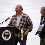 Joe Arness speaks after being named the recipient of the Don Gilman Outstanding Service to the Community Award alongside his mother Peggy, who could not attend, during the 2025 Industry Appreciation Day at the Kenai Softball Greenstrip in Kenai, Alaska, on Saturday, Aug. 23, 2025. (Jake Dye/Peninsula Clarion)