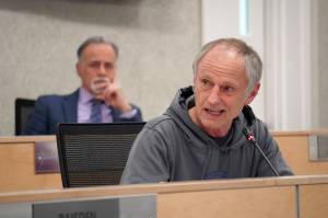 Brent Johnson speaks during a meeting of the Kenai Peninsula Borough Assembly in Soldotna, Alaska, on Tuesday, April 1, 2025. (Jake Dye/Peninsula Clarion)