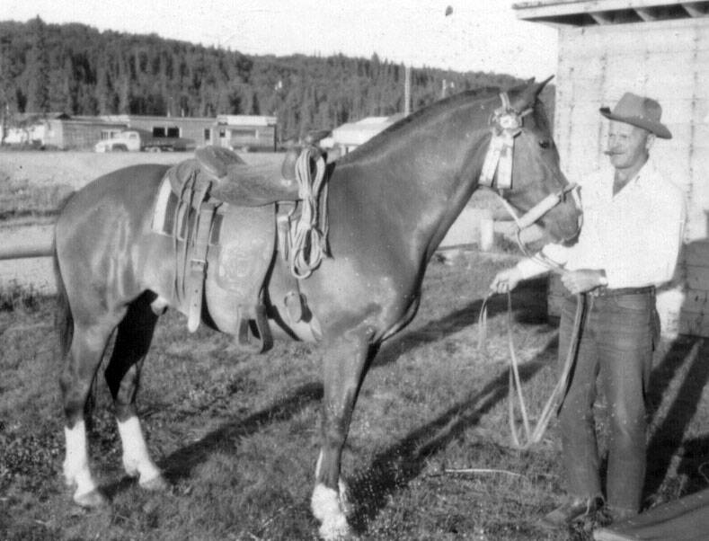 Joe Faa, with his horse circa the early 1960s, bought Soldotna homestead land from Howard Lee. That land included the large gravel pit at which the administration building for the Kenai Peninsula Borough was later built. (Photo courtesy of the KPC historical archive)