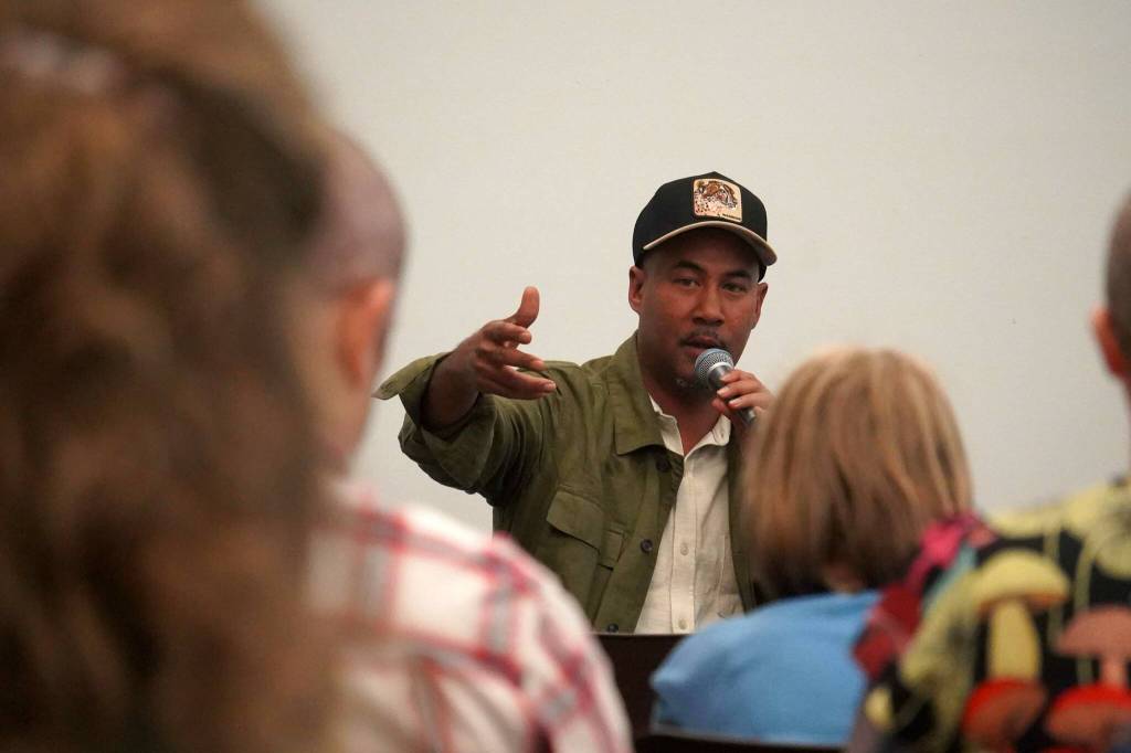 Al Strong answers audience questions during a jazz workshop put on by Svetlana and the New York Collective at the Soldotna Public Library in Soldotna, Alaska, on Tuesday, Aug. 26, 2025. (Provided by KDLL 91.9 FM)