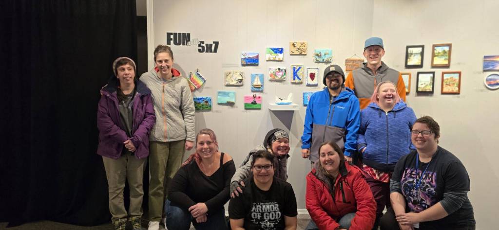 Artists with Homers Artability, part of the Independent Living Centers programs, pose with their artwork on display in Homer Council on the Arts 2024 Fun with 5x7 exhibit. Photo provided by the Independent Living Center
