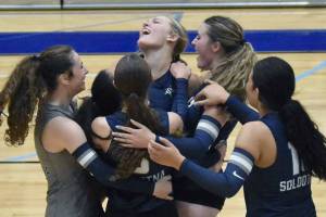 Soldotna celebrates after defeating Kenai Central on Friday, Aug. 29, 2025, at Soldotna High School in Soldotna, Alaska. (Photo by Jeff Helminiak/Peninsula Clarion)
