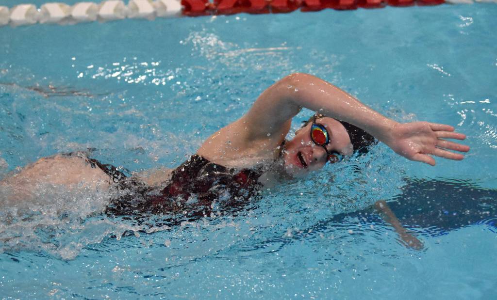 Kenai Centrals Molli Sansotta competes in the 500-yard freestyle Friday, Aug. 29, 2025, at Kenai Central High School in Kenai, Alaska. (Photo by Jeff Helminiak/Peninsula Clarion)