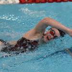 Kenai Central's Molli Sansotta competes in the 500-yard freestyle Friday, Aug. 29, 2025, at Kenai Central High School in Kenai, Alaska. (Photo by Jeff Helminiak/Peninsula Clarion)