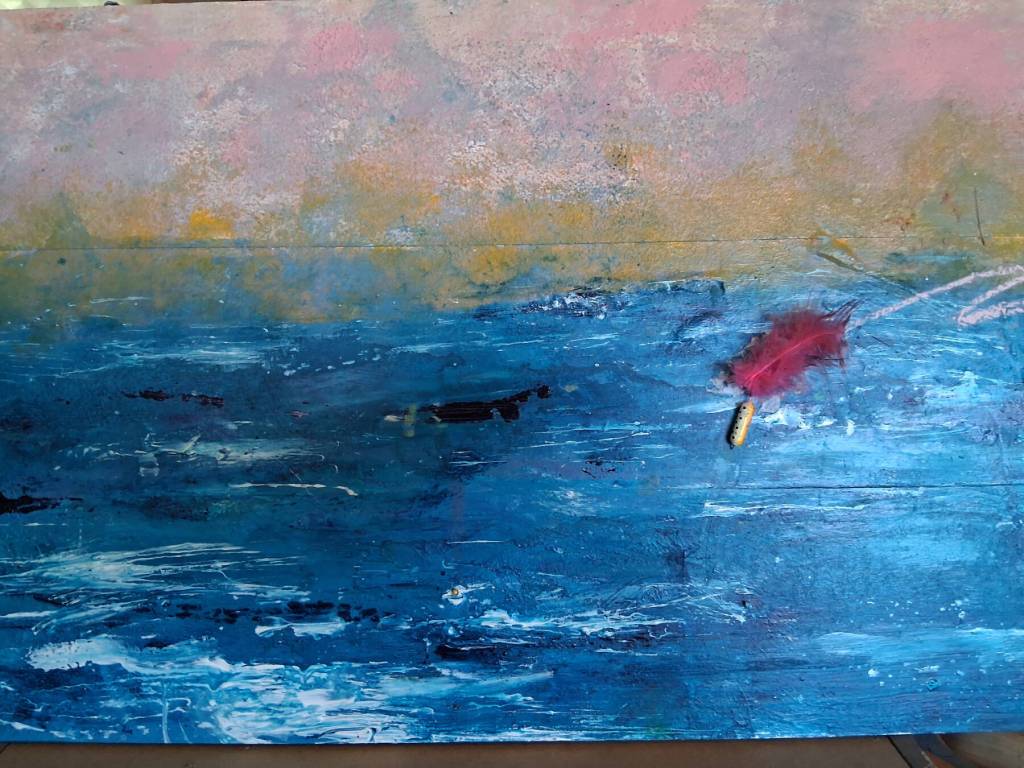 Kachemak Caper is a mixed-media painting by Rozzi Redmond, on display through September 2025 in her solo exhibit at Grace Ridge Brewing in Homer, Alaska. Photo provided by Grace Ridge Brewing