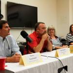 Henry Knackstedt, Alex Douthit, Victoria Askin and Bridget Grieme participate in a forum with candidates for Kenai mayor and city council at the Kenai Community Library in Kenai, Alaska, on Thursday, Sept. 4, 2025. (Jake Dye/Peninsula Clarion)