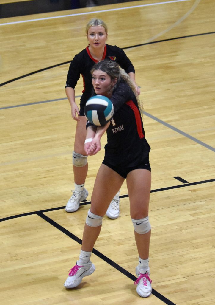 Kenai Centrals Sophie Tapley digs up a ball against Palmer on Saturday, Sept. 6, 2025, at the 18th annual Shayna Pritchard Memorial Volleyball Tournament at Nikiski Middle-High School in Nikiski, Alaska. (Photo by Jeff Helminiak/Peninsula Clarion)