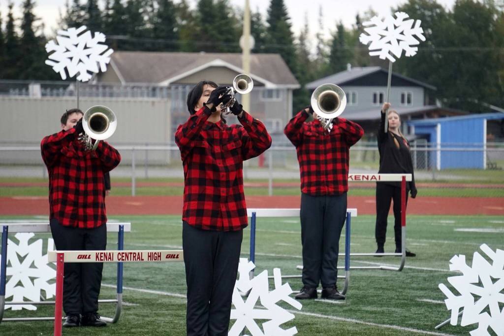 The Kenai Marching Band performs during the Second Annual Kenai Marching Showcase at Kenai Central High School in Kenai, Alaska. (Jake Dye/Peninsula Clarion)