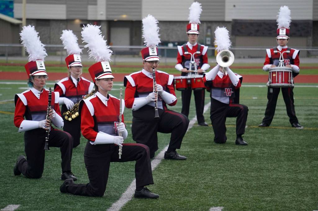 The Wasilla High School Marching Band performs during the Second Annual Kenai Marching Showcase at Kenai Central High School in Kenai, Alaska. (Jake Dye/Peninsula Clarion)