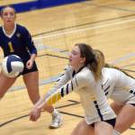 Homers Reilly Sue Baker digs up a ball against Soldotna on Tuesday, Sept. 9, 2025, at Soldotna High School in Soldotna, Alaska. (Photo by Jeff Helminiak/Peninsula Clarion)