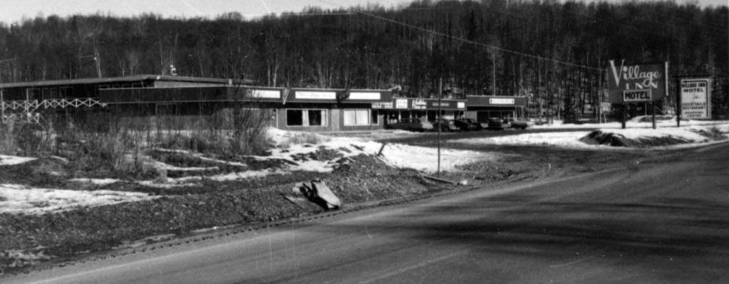 The Village Inn shopping center and motel in Soldotna held some of the early Borough Assembly meetings. (Photo courtesy of the KPC historical archive)