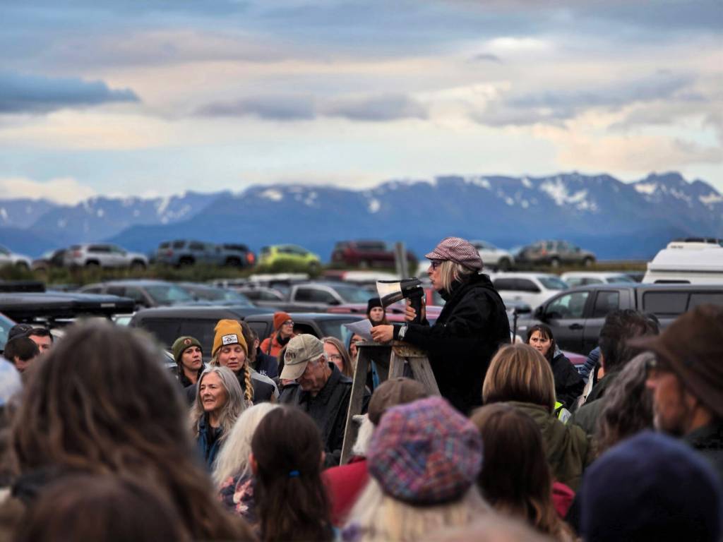 Mavis Muller addresses the gathered crowd on Sunday, Sept. 7, at Mariner Park in Homer, Alaska. (Photo by Tara Hueper)