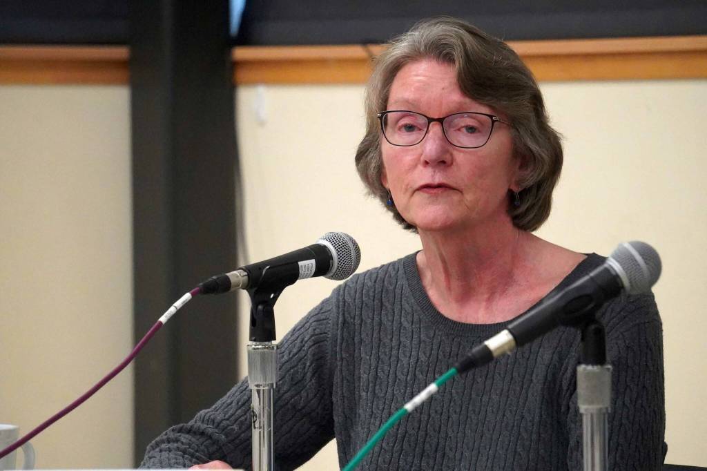 Sue McClure, incumbent candidate for Seward mayor, speaks during a forum at the Seward Community Library in Seward, Alaska, on Thursday, Sept. 11, 2025. (Jake Dye/Peninsula Clarion)