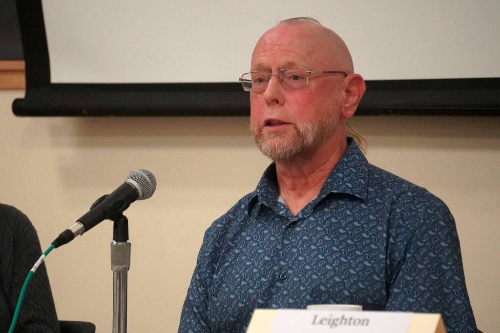 Tim McDonald, candidate for Seward mayor, speaks during a forum at the Seward Community Library in Seward, Alaska, on Thursday, Sept. 11, 2025. (Jake Dye/Peninsula Clarion)