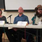 Incumbent Sue McClure and challengers Tim McDonald and Leighton Radner, the three candidates for Seward mayor, participate in a forum at the Seward Community Library in Seward, Alaska, on Thursday, Sept. 11, 2025. (Jake Dye/Peninsula Clarion)