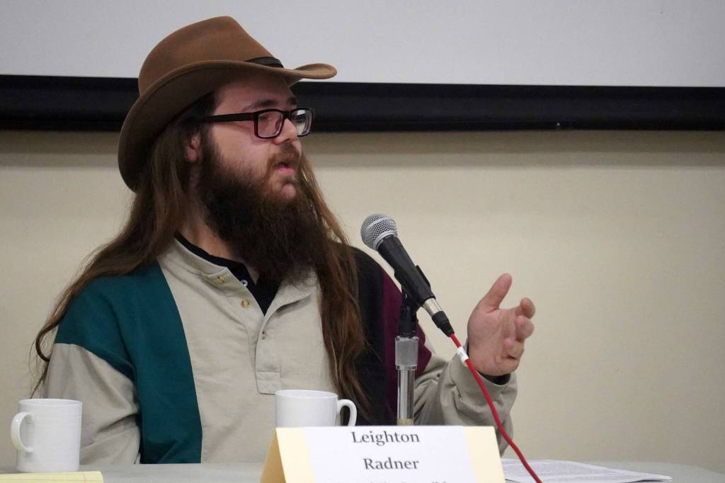 Leighton Radner, candidate for Seward mayor, speaks during a forum at the Seward Community Library in Seward, Alaska, on Thursday, Sept. 11, 2025. (Jake Dye/Peninsula Clarion)