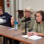 Patti Truesdell, Donna Anderson and Shelby Oden, candidates for the Kalifornsky seat on the Kenai Peninsula Borough School District Board of Education, participate in a forum at the Soldotna Public Library in Soldotna, Alaska, on Monday, Sept. 15, 2025. (Jake Dye/Peninsula Clarion)