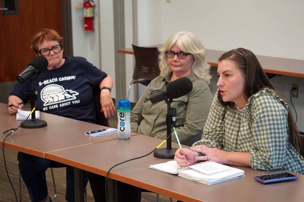 Patti Truesdell, Donna Anderson and Shelby Oden, candidates for the Kalifornsky seat on the Kenai Peninsula Borough School District Board of Education, participate in a forum at the Soldotna Public Library in Soldotna, Alaska, on Monday, Sept. 15, 2025. (Jake Dye/Peninsula Clarion)