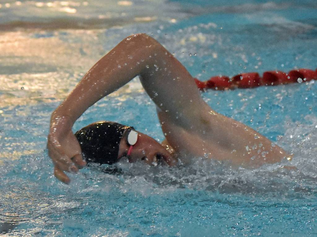 Kenai Centrals Fletcher Darr competes in the 500-yard freestyle at the Kenai Invitational at Kenai Central High School on Saturday, Sept. 20, 2025, in Kenai, Alaska. (Photo by Jeff Helminiak/Peninsula Clarion)