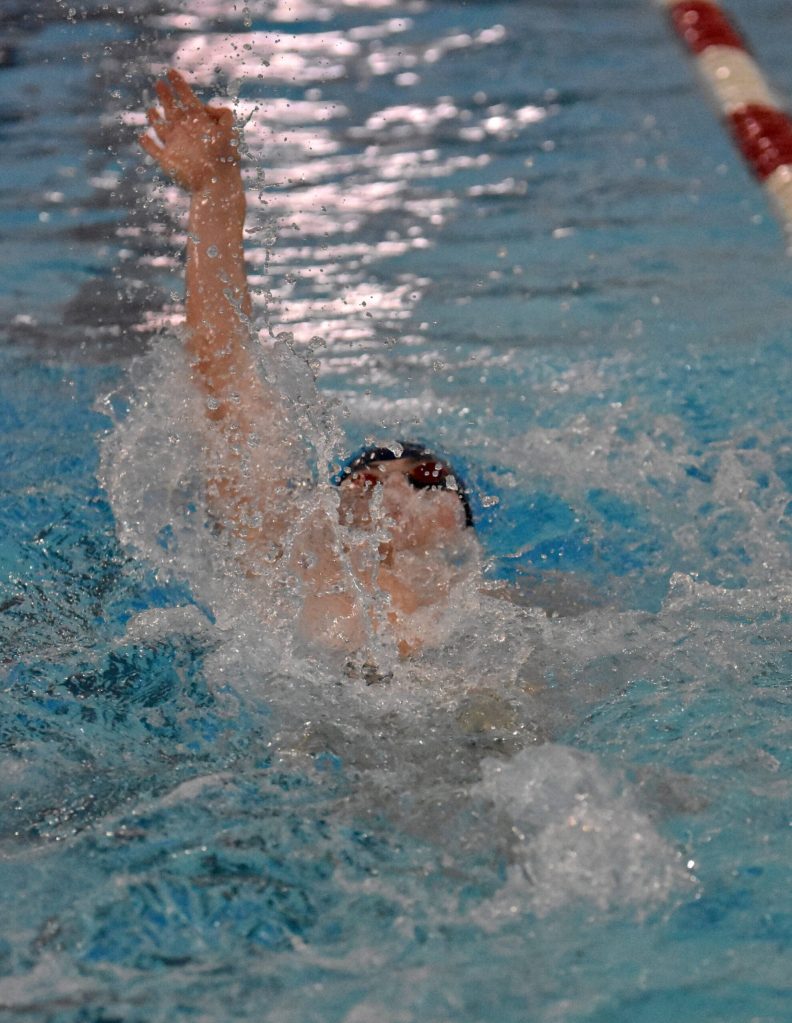 Soldotnas Michael Davidson competes in the 100-yard backstroke at the Kenai Invitational at Kenai Central High School on Saturday, Sept. 20, 2025, in Kenai, Alaska. (Photo by Jeff Helminiak/Peninsula Clarion)