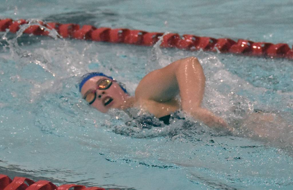 Palmers Mollyann Dunlap competes in the 500-yard freestyle at the Kenai Invitational at Kenai Central High School on Saturday, Sept. 20, 2025, in Kenai, Alaska. (Photo by Jeff Helminiak/Peninsula Clarion)