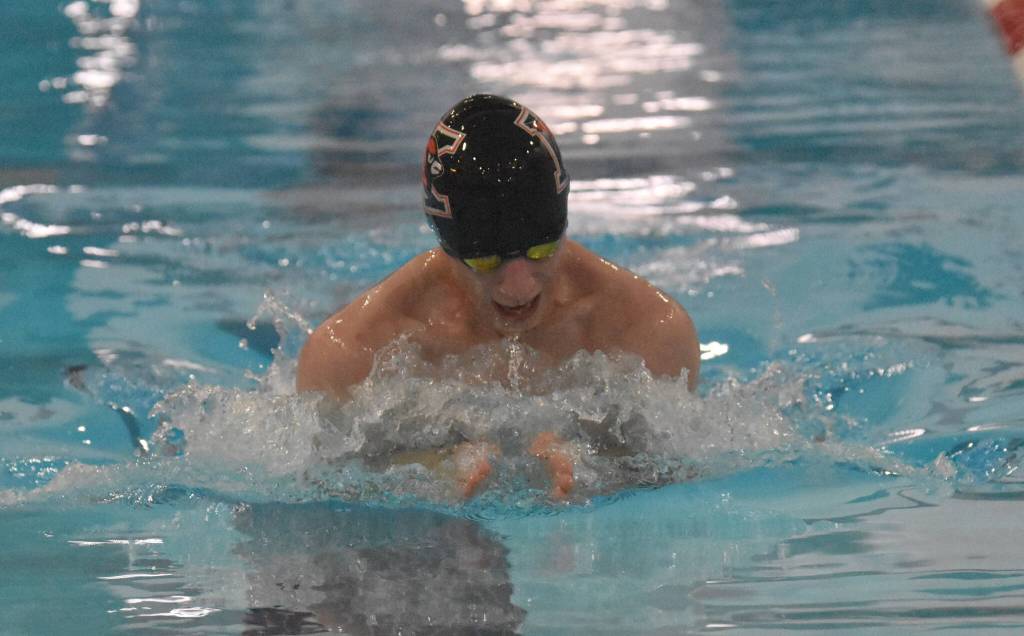 Kenai Centrals Peyton Katzenberger competes in the 100-yard breasstroke at the Kenai Invitational at Kenai Central High School on Saturday, Sept. 20, 2025, in Kenai, Alaska. (Photo by Jeff Helminiak/Peninsula Clarion)