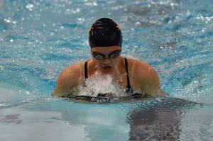 Homer's Marina Co competes in the 100-yard breaststroke at the Kenai Invitational at Kenai Central High School on Saturday, Sept. 20, 2025, in Kenai, Alaska. (Photo by Jeff Helminiak/Peninsula Clarion)