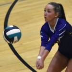 Homers Piper Fuchs digs up a ball against Nikiski on Tuesday, Sept. 23, 2025, at Nikiski Middle-High School in Nikiski, Alaska. (Photo by Jeff Helminiak/Peninsula Clarion)