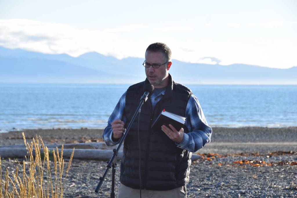 Glacierview Baptist Church pastor, Andy Miller, speaks to the crowd on Wednesday, Sept. 17, 2025, at Mariner Park on the Homer Spit in Homer, Alaska. (Chloe Pleznac/Homer News)