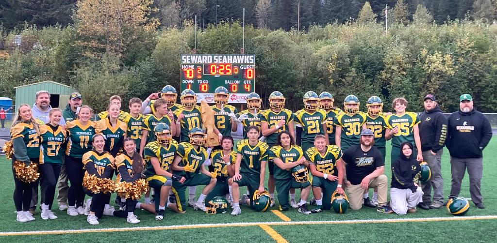 Seward celebrates winning the Fish Bowl against Nikiski on Friday, Sept. 26, 2025, at Seward High School in Seward, Alaska. (Photo by Jeff Helminiak/Peninsula Clarion)