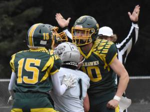 Seward's Emerson Cross celebrates his tackle for a safety against Nikiski on Friday, Sept. 26, 2025, at Seward High School in Seward, Alaska. (Photo by Jeff Helminiak/Peninsula Clarion)