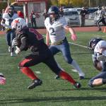 Kenai Centrals Jamel Barnes scores the Kardinals lone touchdown of the game Saturday, Sept. 27, 2025, at Ed Hollier Field at Kenai Central High School in Kenai, Alaska. (Photo by Jeff Helminiak/Peninsula Clarion)
