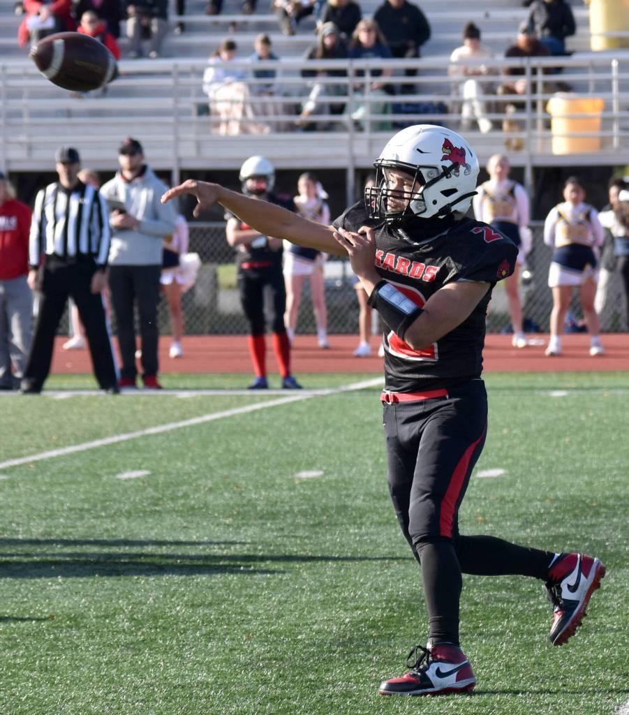 Kenai Centrals Garrett McCanna throws a pass against Homer on Saturday, Sept. 27, 2025, at Ed Hollier Field at Kenai Central High School in Kenai, Alaska. (Photo by Jeff Helminiak/Peninsula Clarion)