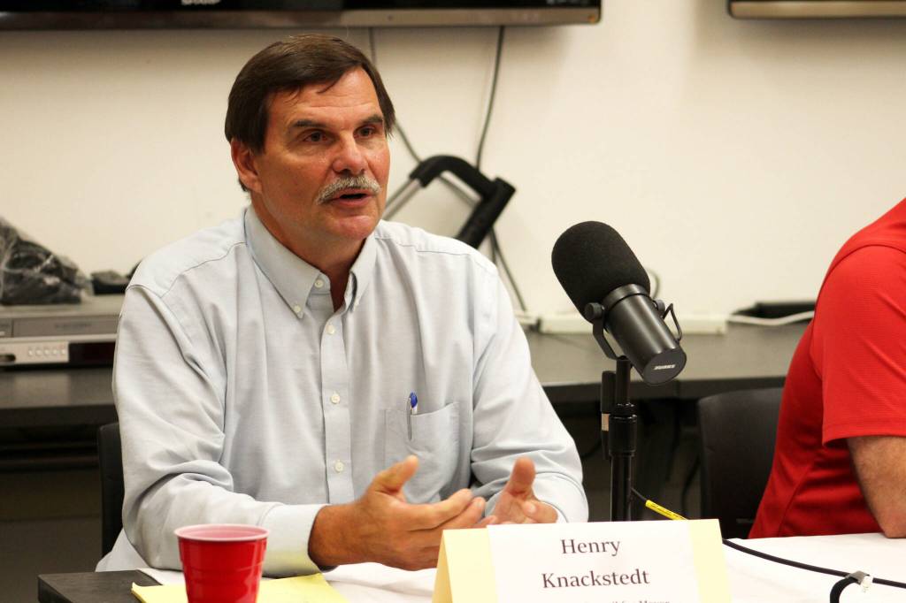 Henry Knackstedt speaks during a forum with candidates for Kenai mayor and city council at the Kenai Community Library in Kenai, Alaska, on Thursday, Sept. 4, 2025. (Jake Dye/Peninsula Clarion)