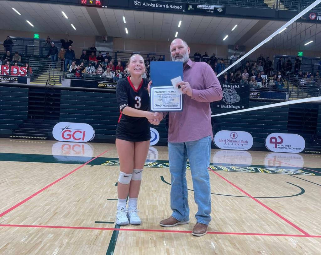 Photo courtesy of the Kenai Volleyball Booster Club
Kenai junior Sage Wilson (3) is named Player of the Match on Friday, Nov. 14, following the semifinal game against Nikiski during the 3A Volleyball State Championship Tournament at the Alaska Airlines Center in Anchorage.