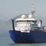 The research vessel Sikuliaq navigates Resurrection Bay on the way to its homeport at the Seward Marine Center in 2020. Photo courtesy of Sarah Spanos
